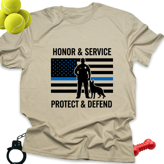 Honor & Service Police K-9 T-Shirt — Thin Blue Line Protect & Defend Tee