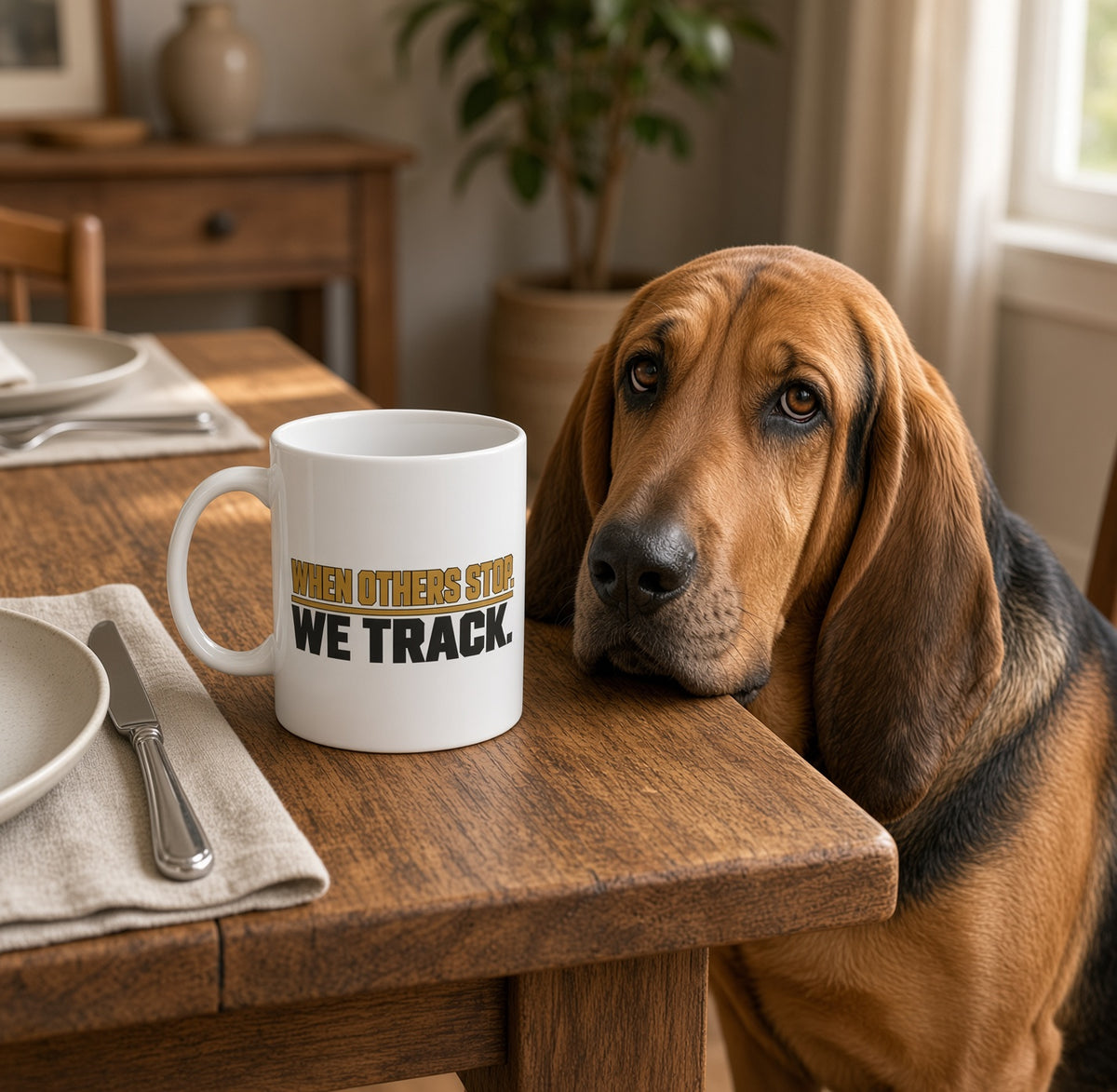 When Others Stop, We Track — Bloodhound Working K9 Mug