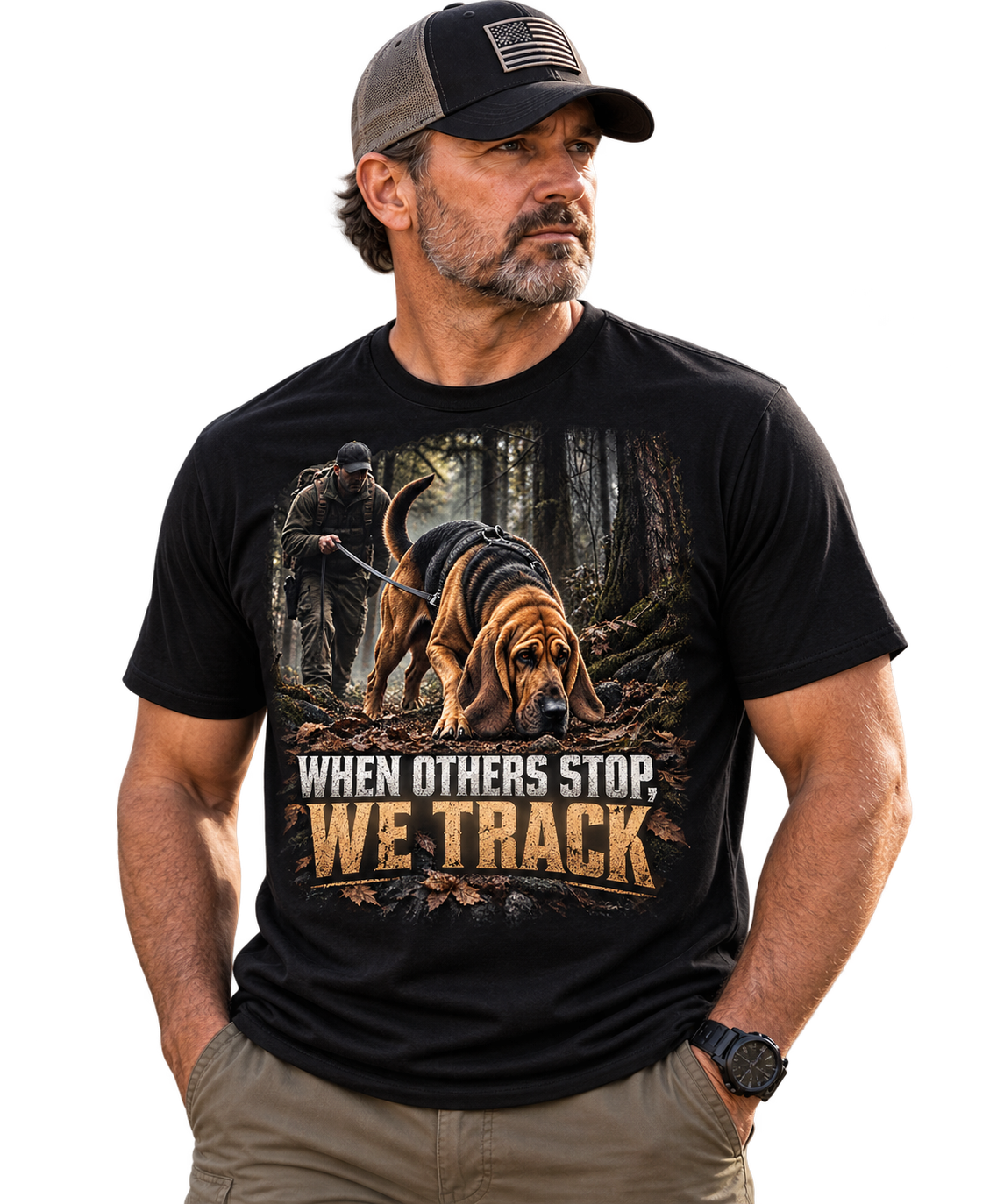 When Others Stop, We Track — Bloodhound Working K9 T-Shirt