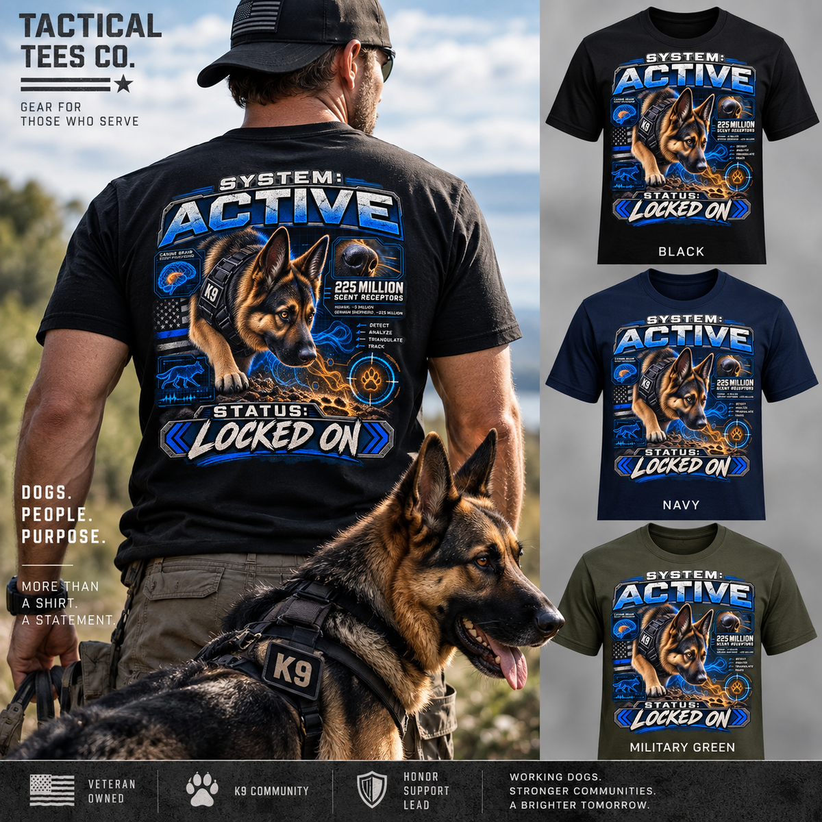 System Active — 225 Million Scent Receptors — German Shepherd Working K9 T-Shirt