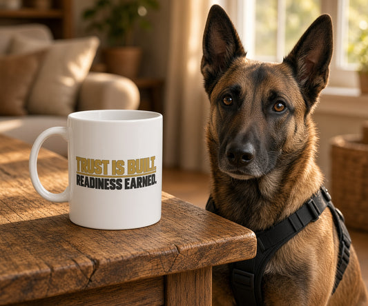 Trust Is Built. Readiness Earned. — Belgian Malinois K9 Mug