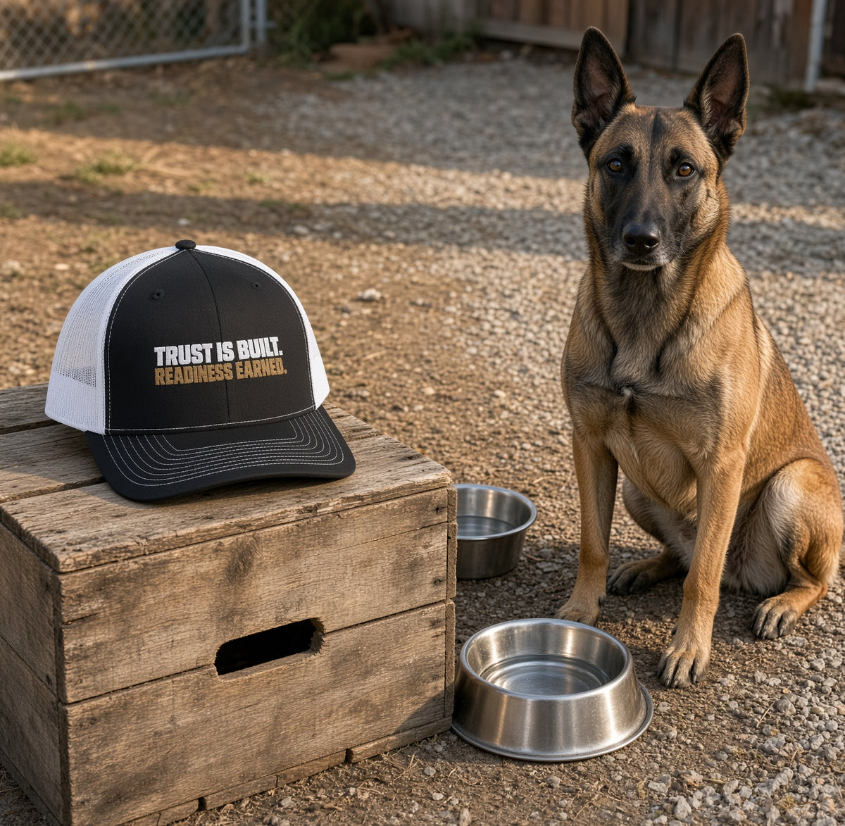 Trust Is Built. Readiness Earned. — Belgian Malinois Embroidered Trucker Hat